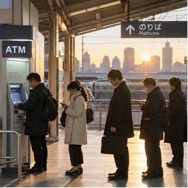 日本のATMに並ぶ人々