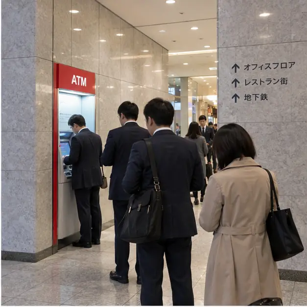 ATMの順番を待つ利用者